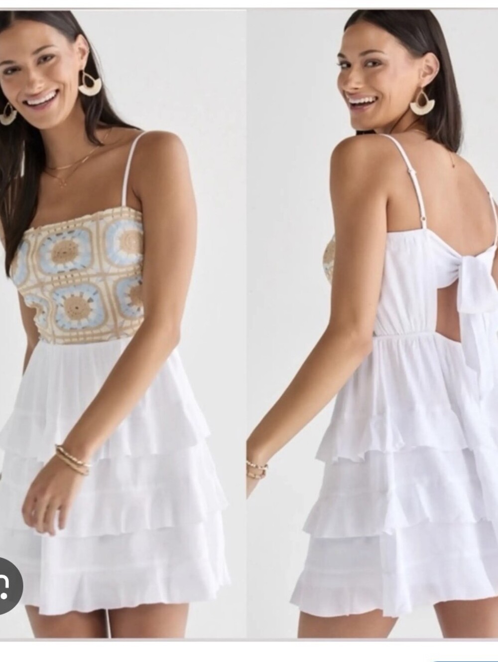 Boho White Tiered Mini Dress with Crochet Bodice Sz.M NWT